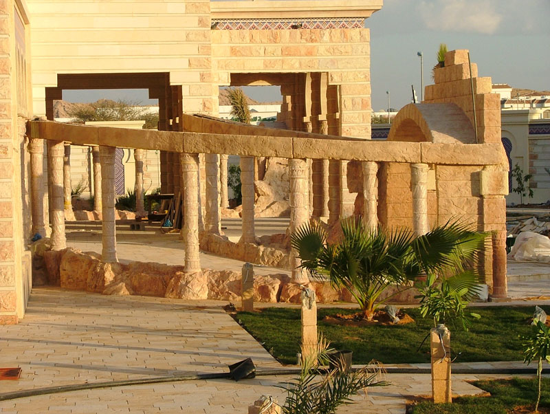 Crafted landscape columns and rockwork at a UAE residence
